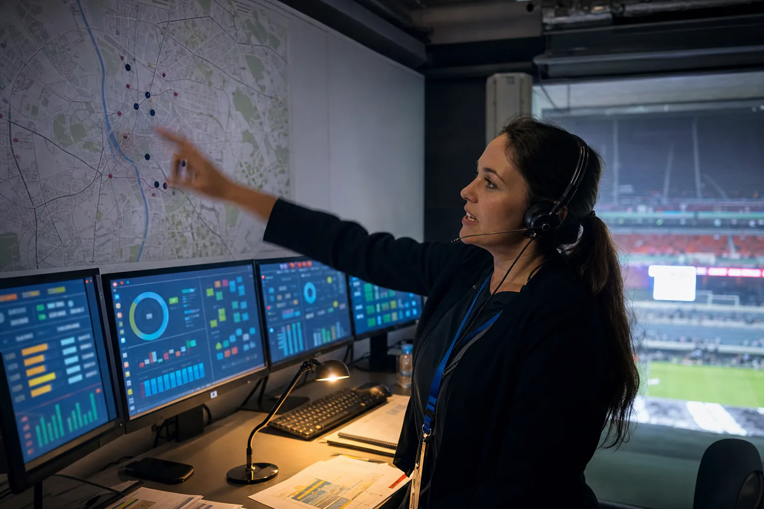 Operations control room at dusk, dispatchers facing wall of monitors with live status boards
